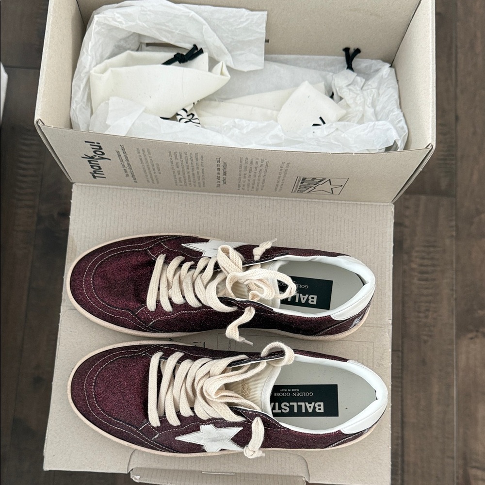 Golden Goose Glitter Burgundy and White Athletic Shoes
